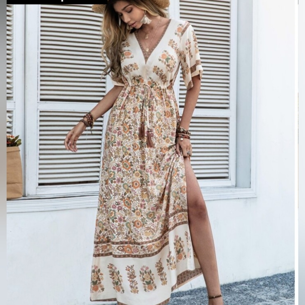 Rusttydustty Floral Print Split Thigh Tassel Drawstring Waist Dress NWOT